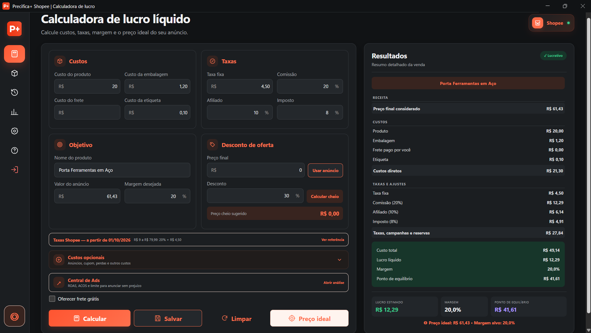 Calculadora de lucro líquido do Precifica+ Shopee com custos, taxas, resultados e margem